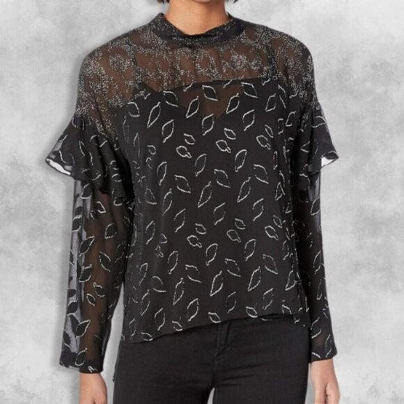 BCBG Sheer Top Blouse Cold Shoulder Metallic Chiffon Leaf Mock Neck Black W XS - Picture 1 of 5